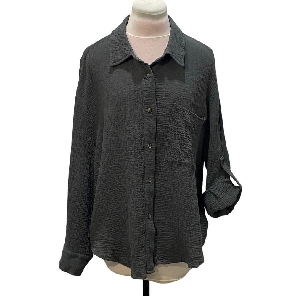 REVEROF Dark Gray Crinkle Gauze Collared Button Up LARGE 100% Cotton Minimalist